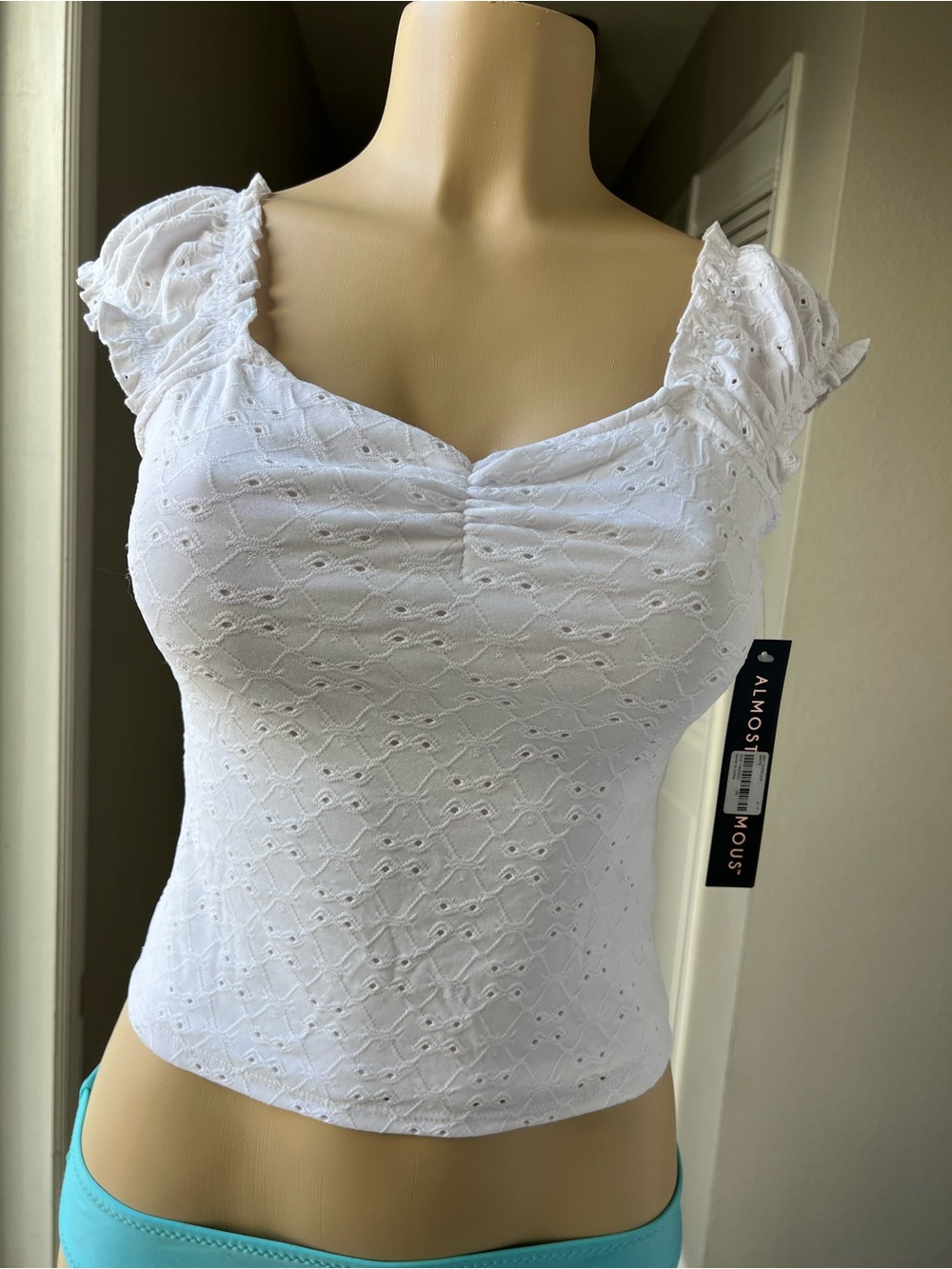Almost Famous White Eyelet Ruched Sweetheart Crop Top